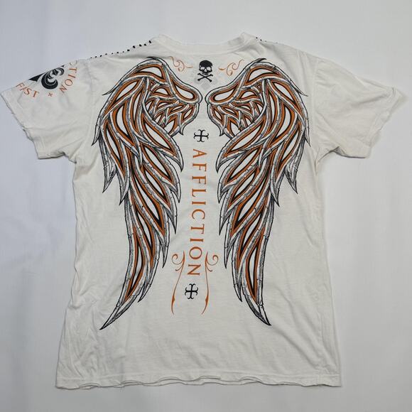 Affliction Shirt Mens XL White Live Fast Winged Cross Skull Graphic Stitching - Picture 3 of 7